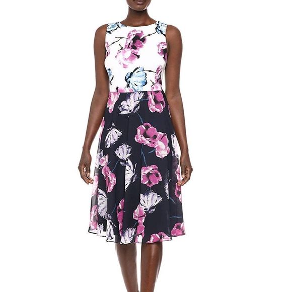 NWOT SLNY Floral Printed Fit and‎ Flare Chiffon Dress Size 10 - Picture 1 of 8